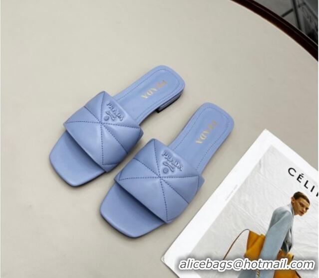 Low Cost Prada Calf Leather Flat Slide Sandals Blue 032374