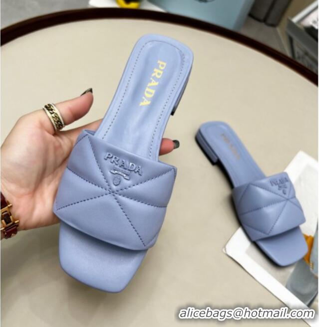 Low Cost Prada Calf Leather Flat Slide Sandals Blue 032374