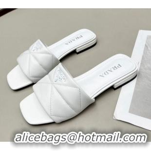 Discount Prada Calf Leather Flat Slide Sandals White 032375