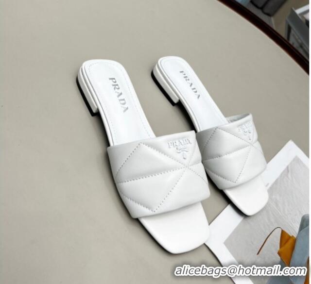 Discount Prada Calf Leather Flat Slide Sandals White 032375