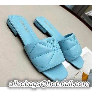 Best Price Prada Calf Leather Flat Slide Sandals Blue 032377