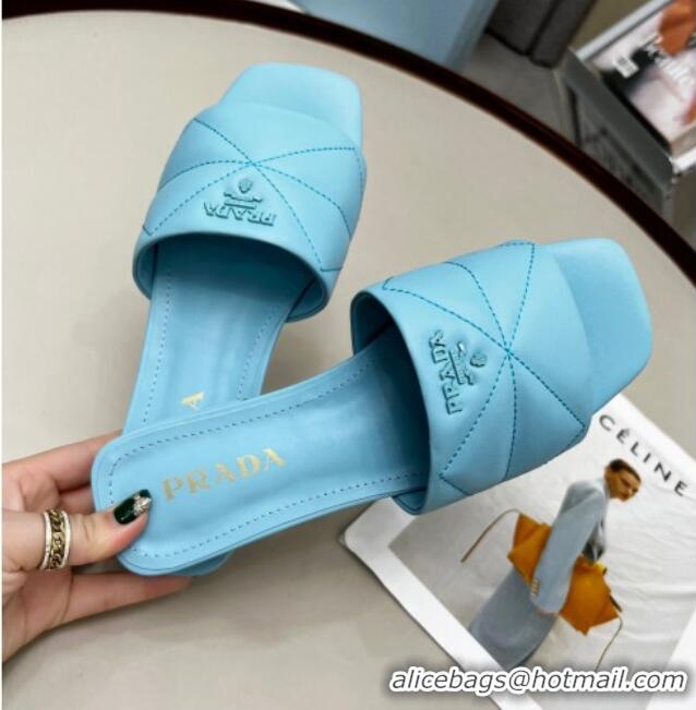 Best Price Prada Calf Leather Flat Slide Sandals Blue 032377