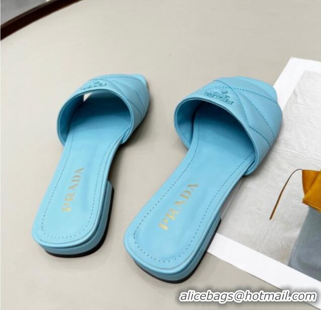 Best Price Prada Calf Leather Flat Slide Sandals Blue 032377