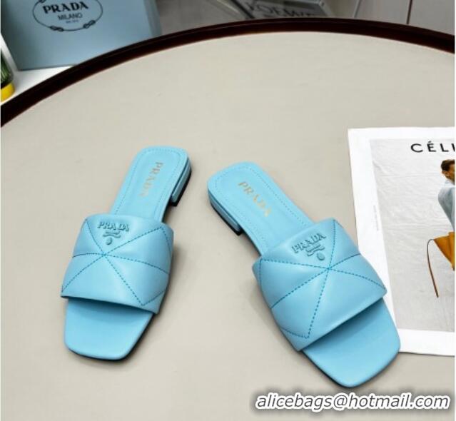 Best Price Prada Calf Leather Flat Slide Sandals Blue 032377