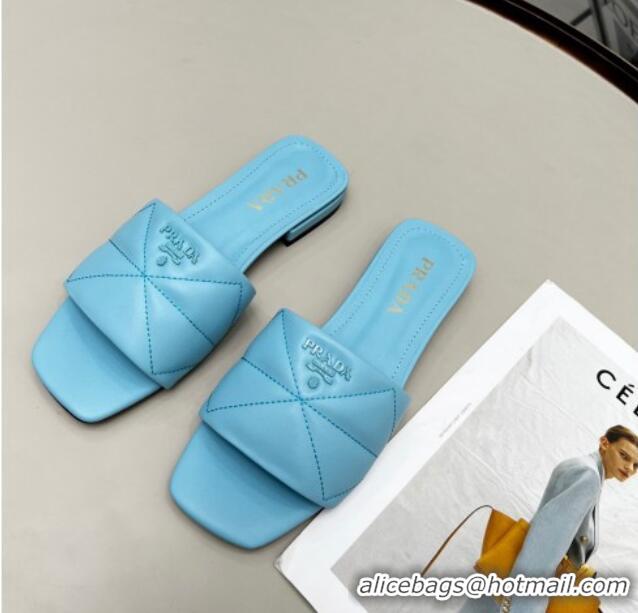 Best Price Prada Calf Leather Flat Slide Sandals Blue 032377