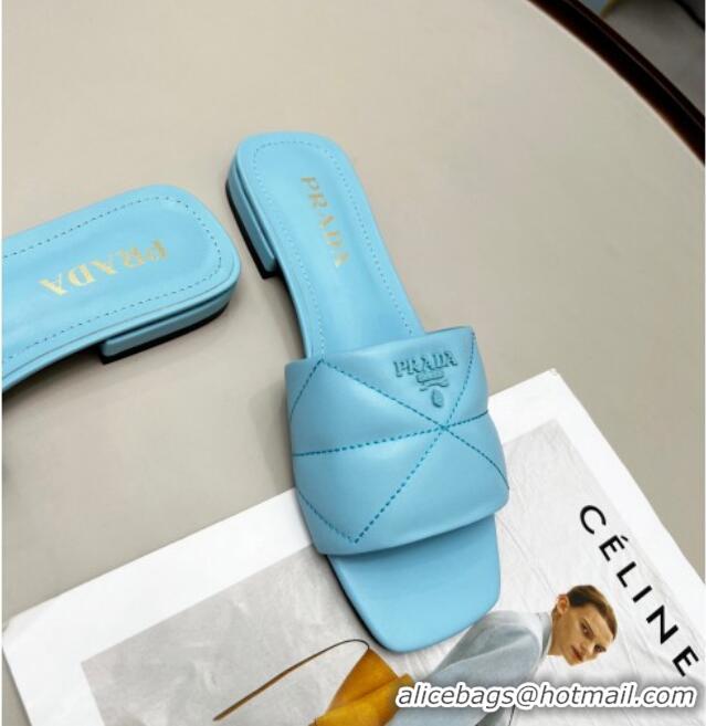 Best Price Prada Calf Leather Flat Slide Sandals Blue 032377