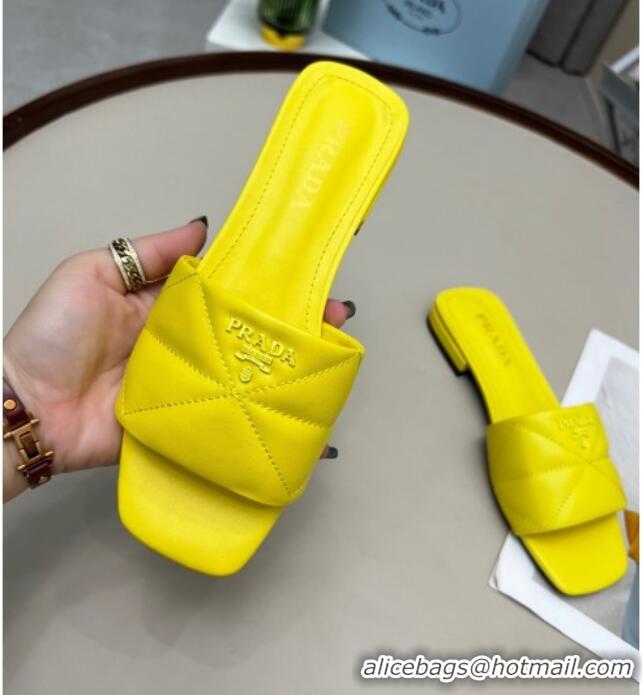 Popular Style Prada Calf Leather Flat Slide Sandals Yellow 032378