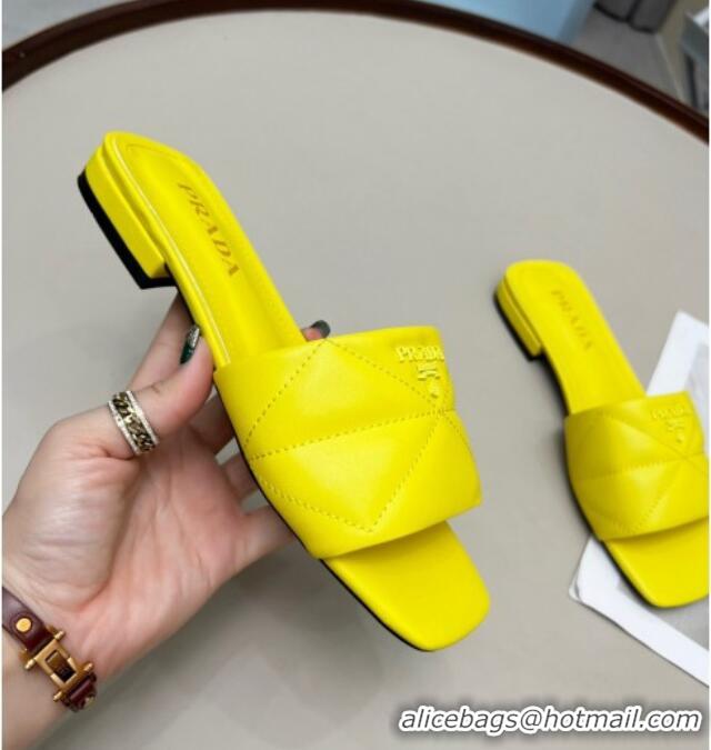 Popular Style Prada Calf Leather Flat Slide Sandals Yellow 032378