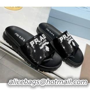 Top Grade Prada Sequins Flat Slide Sandals Black 032387