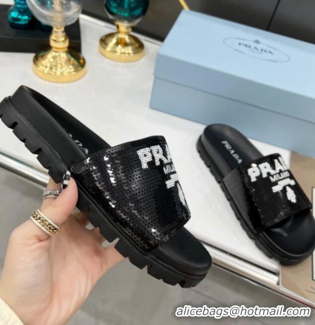 Top Grade Prada Sequins Flat Slide Sandals Black 032387