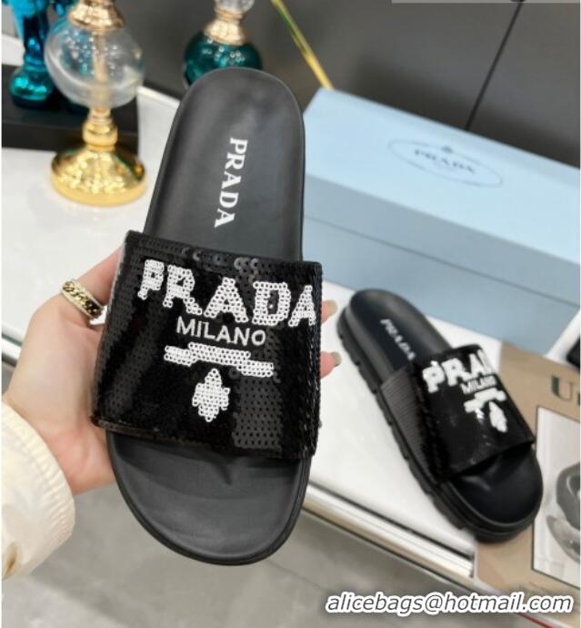 Top Grade Prada Sequins Flat Slide Sandals Black 032387