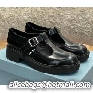 1:1 aaaaa Prada Brushed-Leather Mary Jane T-strap Shoes/Loafers Black 032617