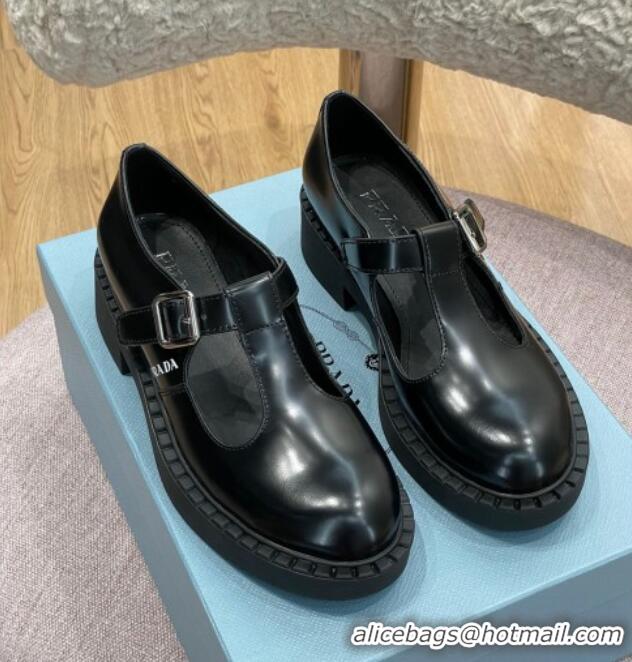 1:1 aaaaa Prada Brushed-Leather Mary Jane T-strap Shoes/Loafers Black 032617