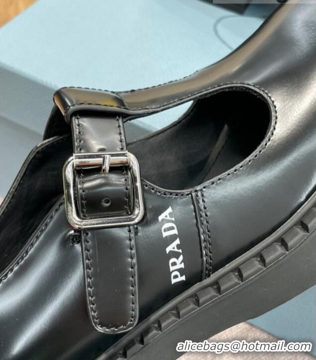 1:1 aaaaa Prada Brushed-Leather Mary Jane T-strap Shoes/Loafers Black 032617