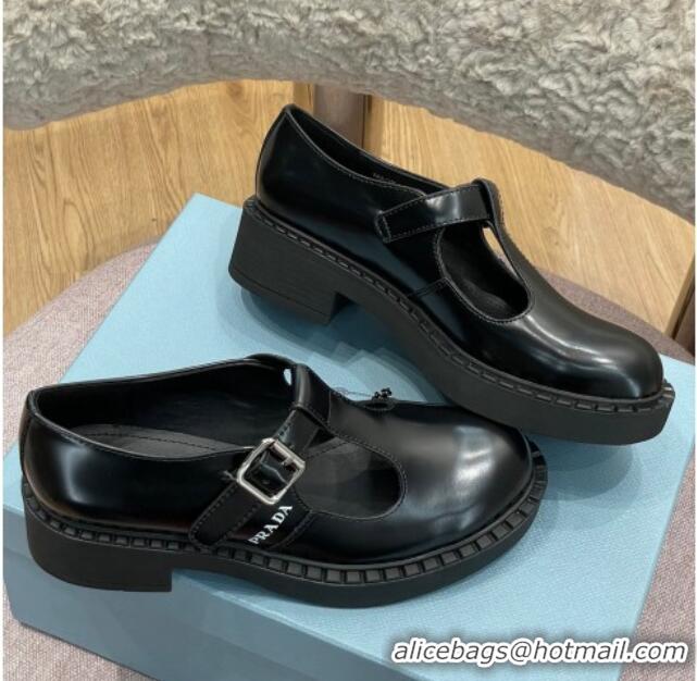 1:1 aaaaa Prada Brushed-Leather Mary Jane T-strap Shoes/Loafers Black 032617