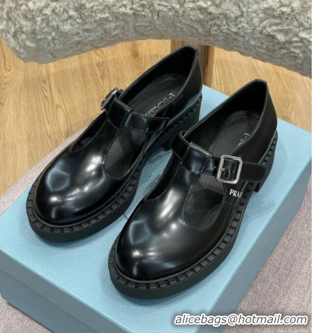 1:1 aaaaa Prada Brushed-Leather Mary Jane T-strap Shoes/Loafers Black 032617