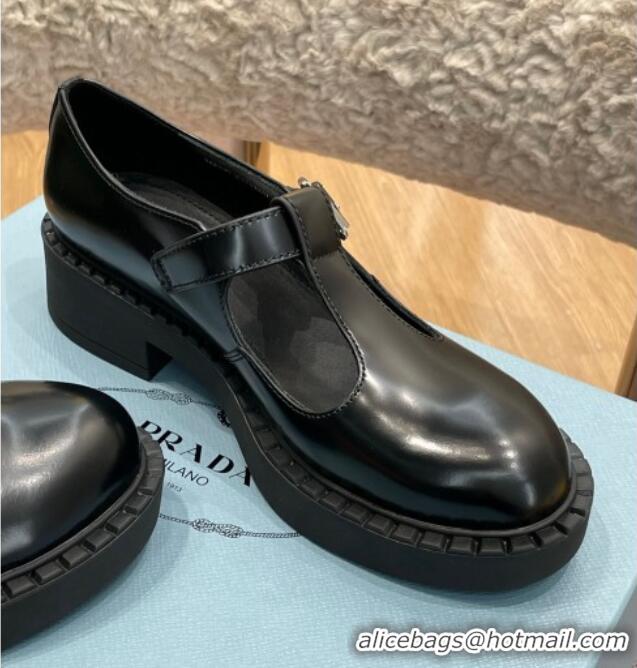 1:1 aaaaa Prada Brushed-Leather Mary Jane T-strap Shoes/Loafers Black 032617