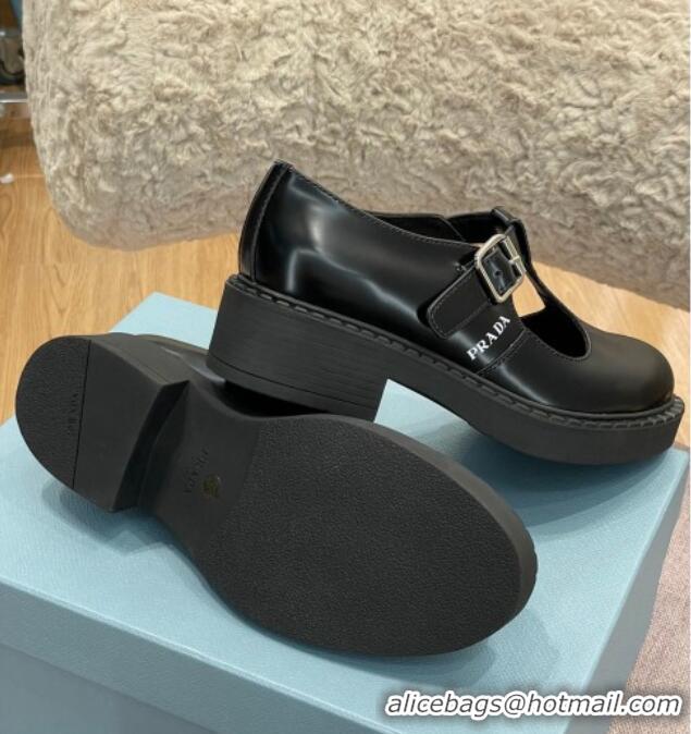 1:1 aaaaa Prada Brushed-Leather Mary Jane T-strap Shoes/Loafers Black 032617