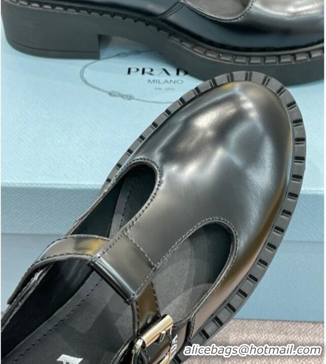 1:1 aaaaa Prada Brushed-Leather Mary Jane T-strap Shoes/Loafers Black 032617