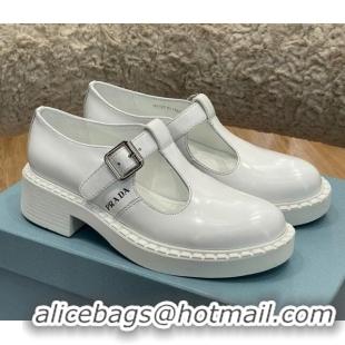 Hot Style Prada Brushed-Leather Mary Jane T-strap Shoes/Loafers White 032618