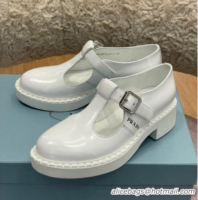 Hot Style Prada Brushed-Leather Mary Jane T-strap Shoes/Loafers White 032618