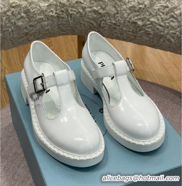 Hot Style Prada Brushed-Leather Mary Jane T-strap Shoes/Loafers White 032618