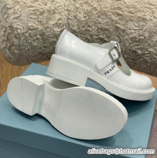 Hot Style Prada Brushed-Leather Mary Jane T-strap Shoes/Loafers White 032618