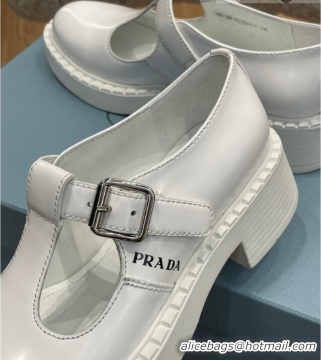 Hot Style Prada Brushed-Leather Mary Jane T-strap Shoes/Loafers White 032618