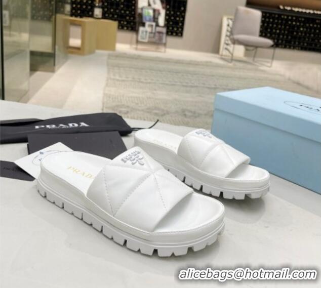 Sumptuous Prada Calf Leather Flat Slide Sandals White 032878