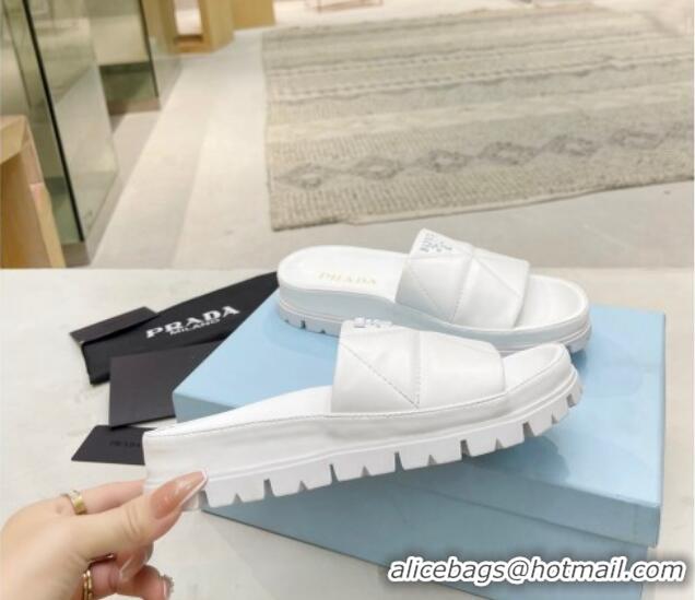 Sumptuous Prada Calf Leather Flat Slide Sandals White 032878