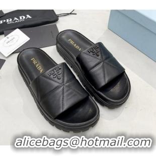 Grade Quality Prada Calf Leather Flat Slide Sandals Black 032879