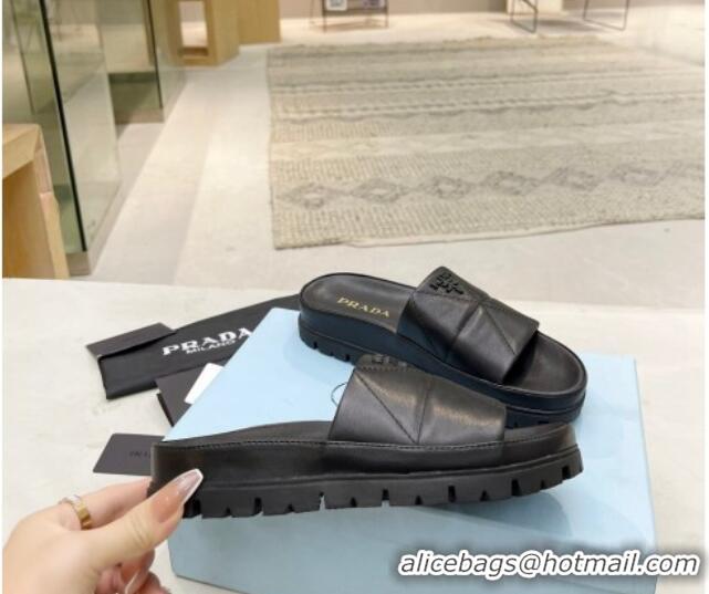 Grade Quality Prada Calf Leather Flat Slide Sandals Black 032879