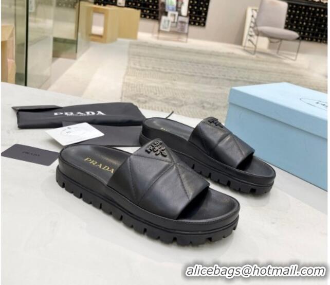 Grade Quality Prada Calf Leather Flat Slide Sandals Black 032879