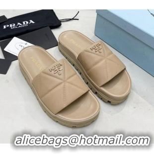 Stylish Prada Calf Leather Flat Slide Sandals Beige 032880