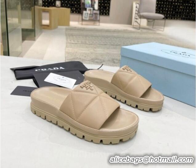 Stylish Prada Calf Leather Flat Slide Sandals Beige 032880