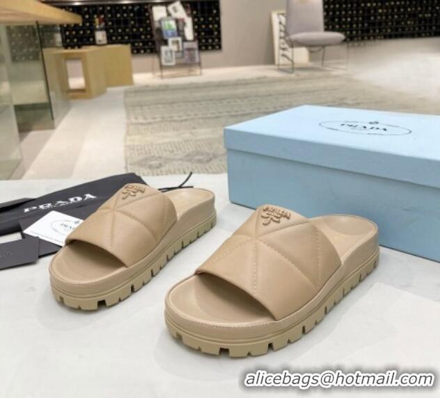 Stylish Prada Calf Leather Flat Slide Sandals Beige 032880