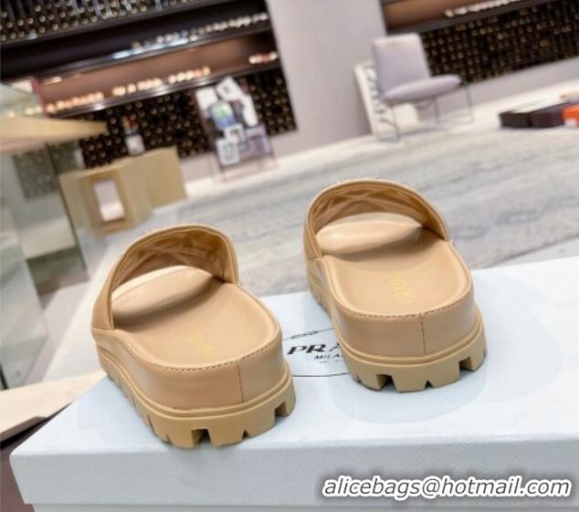 Stylish Prada Calf Leather Flat Slide Sandals Beige 032880