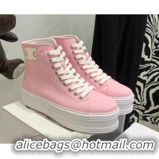 Charming Celine Canvas Flatform High-top Sneakers Pink 032407