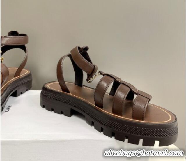 Good Product Celine Calfskin Strap Sandals Dark Brown 033127