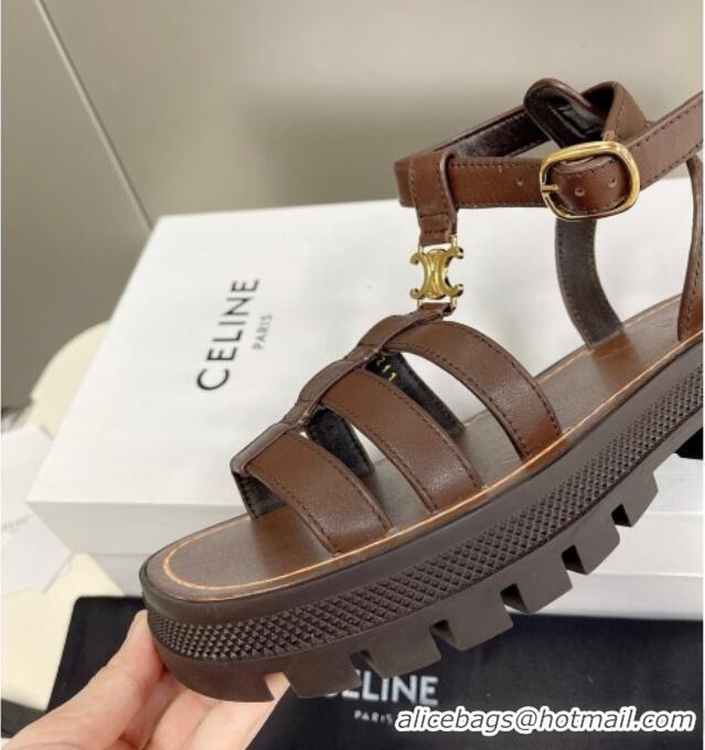 Good Product Celine Calfskin Strap Sandals Dark Brown 033127