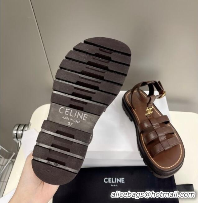 Good Product Celine Calfskin Strap Sandals Dark Brown 033127