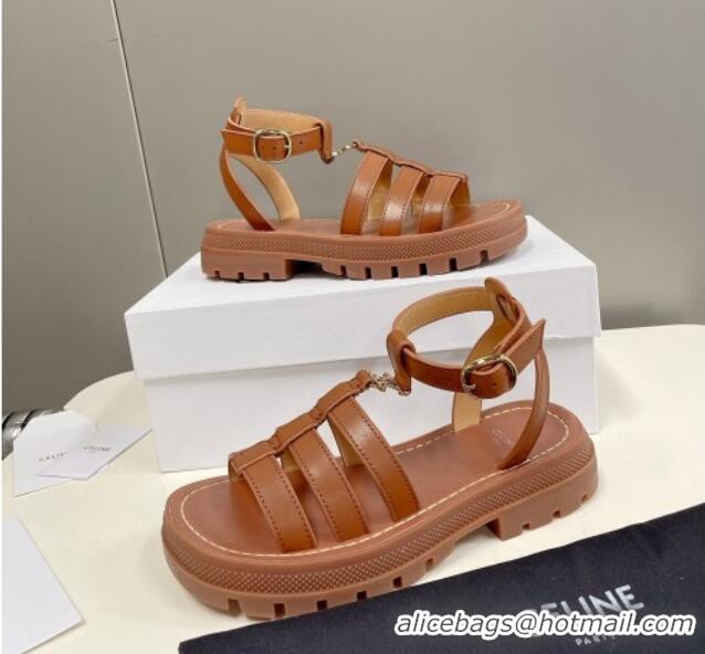 Hot Style Celine Calfskin Strap Sandals Tan Brown 033128