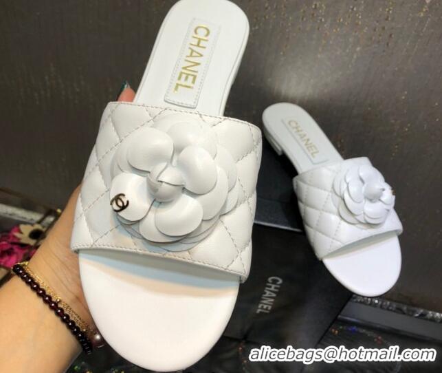 Duplicate Chanel Quilted Lambskin Slide Sandals 2.5cm with Bloom Charm White 032205