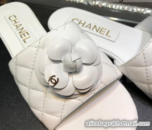 Duplicate Chanel Quilted Lambskin Slide Sandals 2.5cm with Bloom Charm White 032205