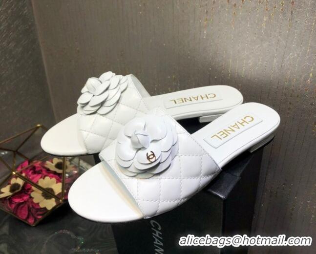 Duplicate Chanel Quilted Lambskin Slide Sandals 2.5cm with Bloom Charm White 032205