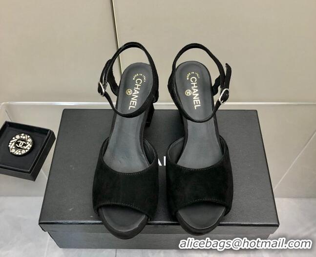 Stylish Chanel Suede High Heel Sandals Black 032198