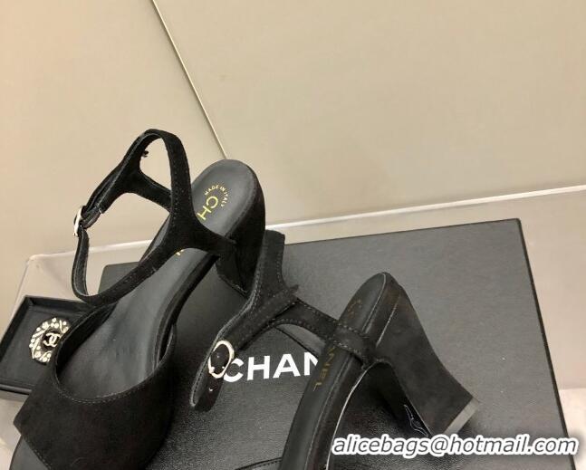 Stylish Chanel Suede High Heel Sandals Black 032198