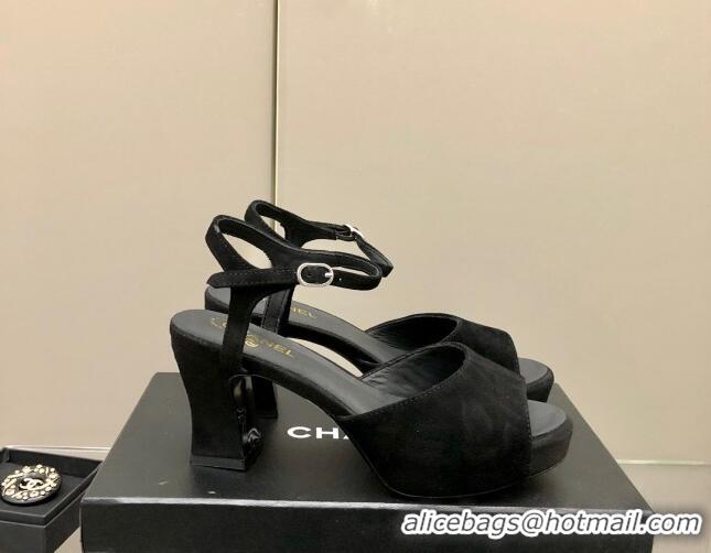 Stylish Chanel Suede High Heel Sandals Black 032198