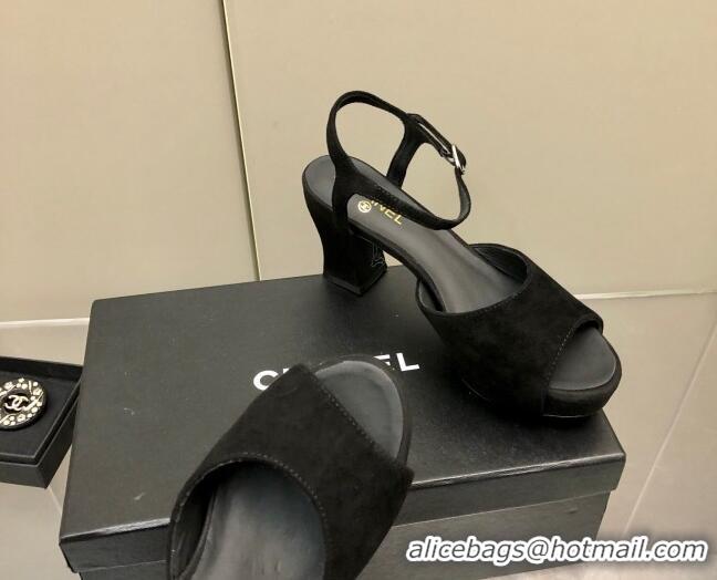 Stylish Chanel Suede High Heel Sandals Black 032198