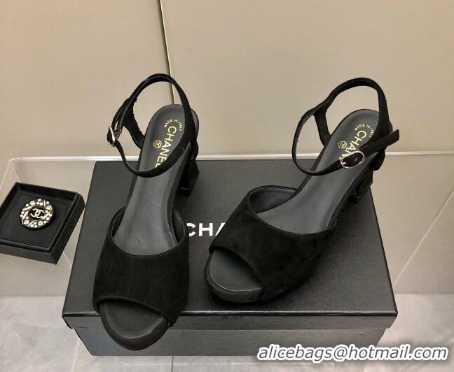 Stylish Chanel Suede High Heel Sandals Black 032198